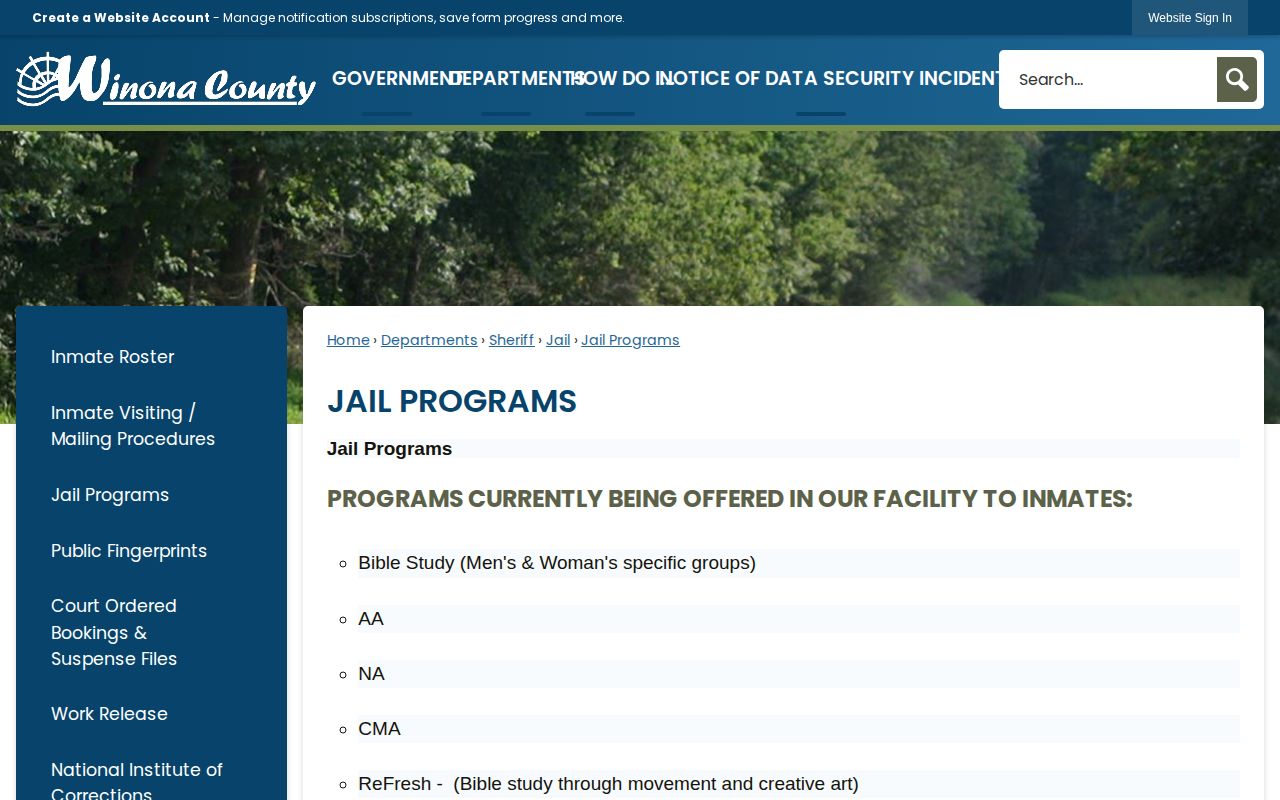 Winona County 24-hour release check through the official jail roster page